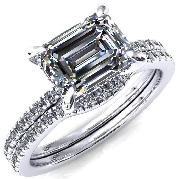 Rings Fire Brilliance Mayeli Emerald Center Stone EastWest 4 Claw Prong Micro Pave Diamond Sides Engagement Ring