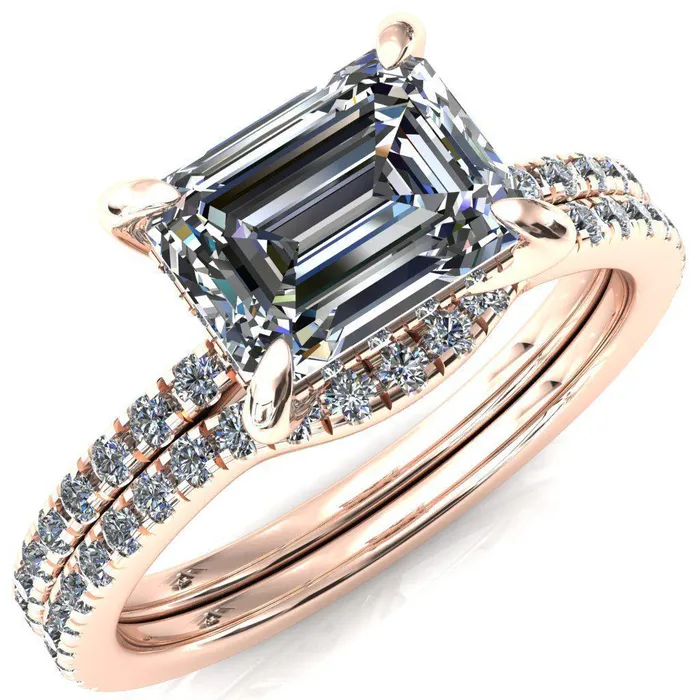 Rings Fire Brilliance Mayeli Emerald Center Stone EastWest 4 Claw Prong Micro Pave Diamond Sides Engagement Ring
