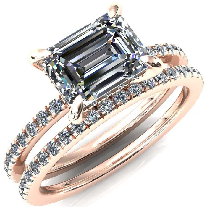 Rings Fire Brilliance Mayeli Emerald Center Stone EastWest 4 Claw Prong Micro Pave Diamond Sides Engagement Ring