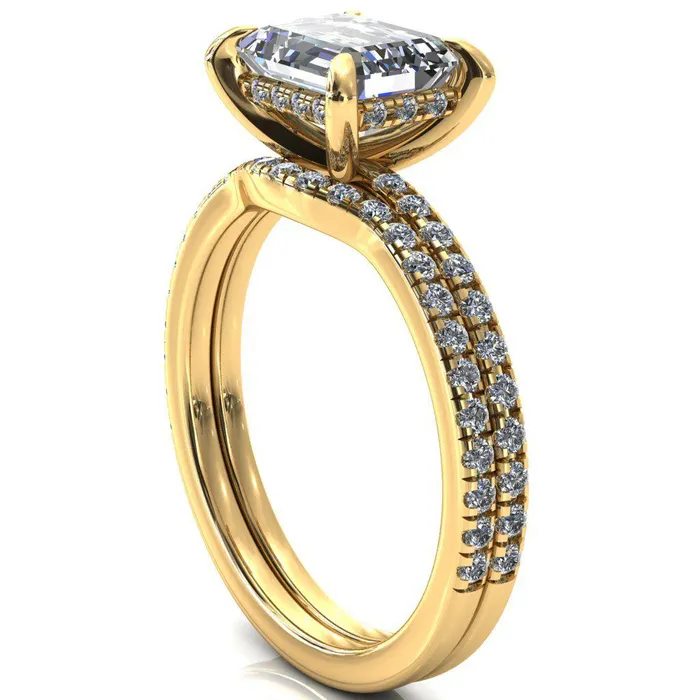 Rings Fire Brilliance Mayeli Emerald Center Stone EastWest 4 Claw Prong Micro Pave Diamond Sides Engagement Ring