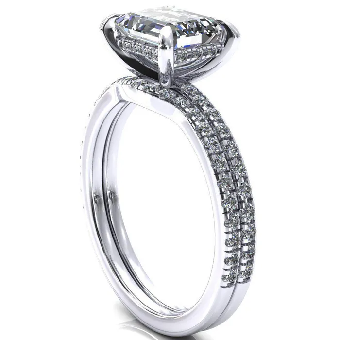 Rings Fire Brilliance Mayeli Emerald Center Stone EastWest 4 Claw Prong Micro Pave Diamond Sides Engagement Ring