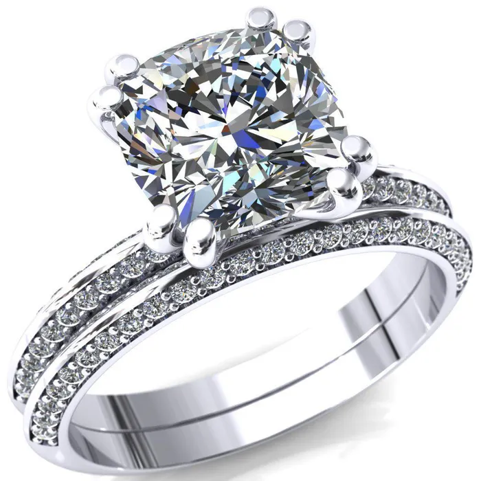 Rings Fire Brilliance Nancy Cushion Center Stone 4 Double Prong 12 Eternity Diamond Knife Shank Accent Engagement Ring