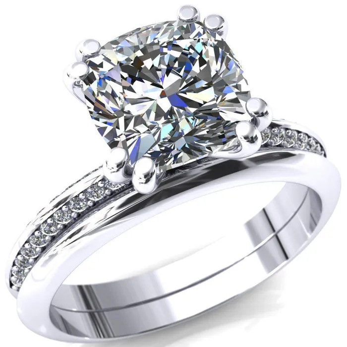 Rings Fire Brilliance Nancy Cushion Center Stone 4 Double Prong 12 Eternity Diamond Knife Shank Accent Engagement Ring