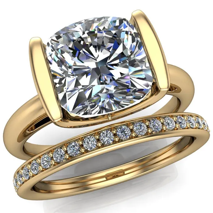 Rings Fire Brilliance Orleans Cushion Center Stone Half Bezel Cathedral Ring