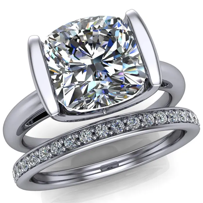 Rings Fire Brilliance Orleans Cushion Center Stone Half Bezel Cathedral Ring