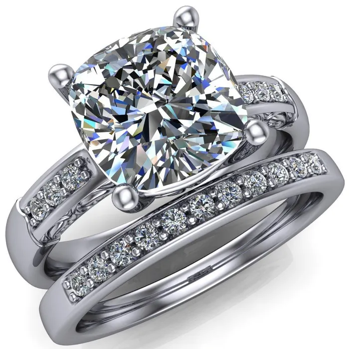 Rings Fire Brilliance Sheila Cushion Center Stone Diamond Channel Under Bezel 4 Prong Ring