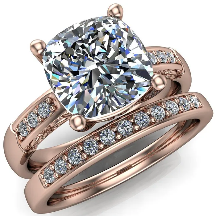 Rings Fire Brilliance Sheila Cushion Center Stone Diamond Channel Under Bezel 4 Prong Ring