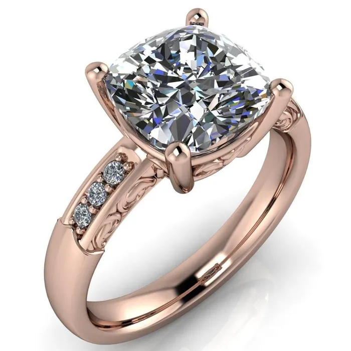 Rings Fire Brilliance Sheila Cushion Center Stone Diamond Channel Under Bezel 4 Prong Ring