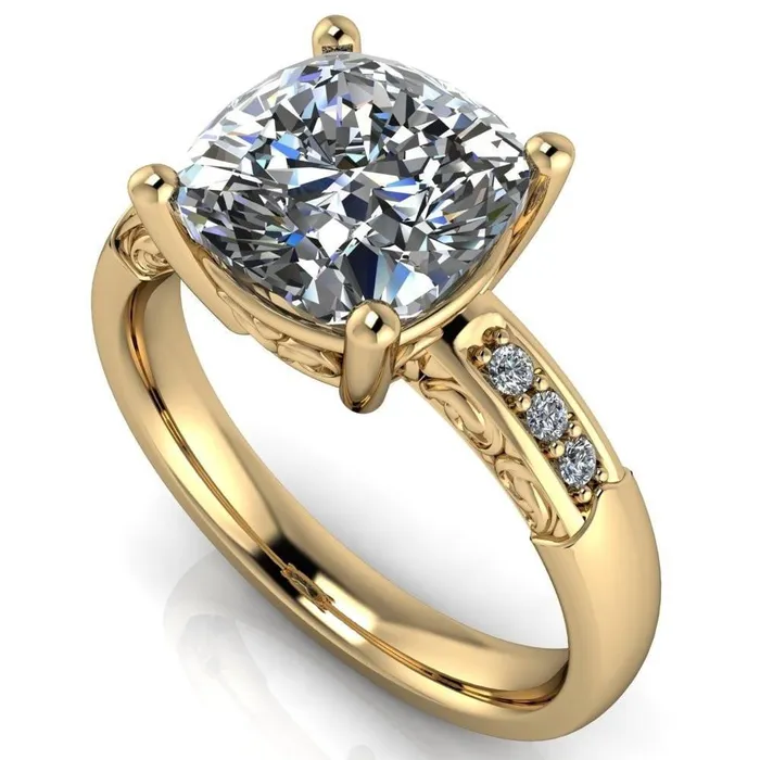 Rings Fire Brilliance Sheila Cushion Center Stone Diamond Channel Under Bezel 4 Prong Ring