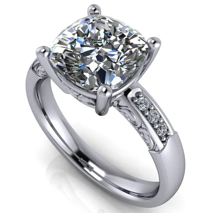 Rings Fire Brilliance Sheila Cushion Center Stone Diamond Channel Under Bezel 4 Prong Ring