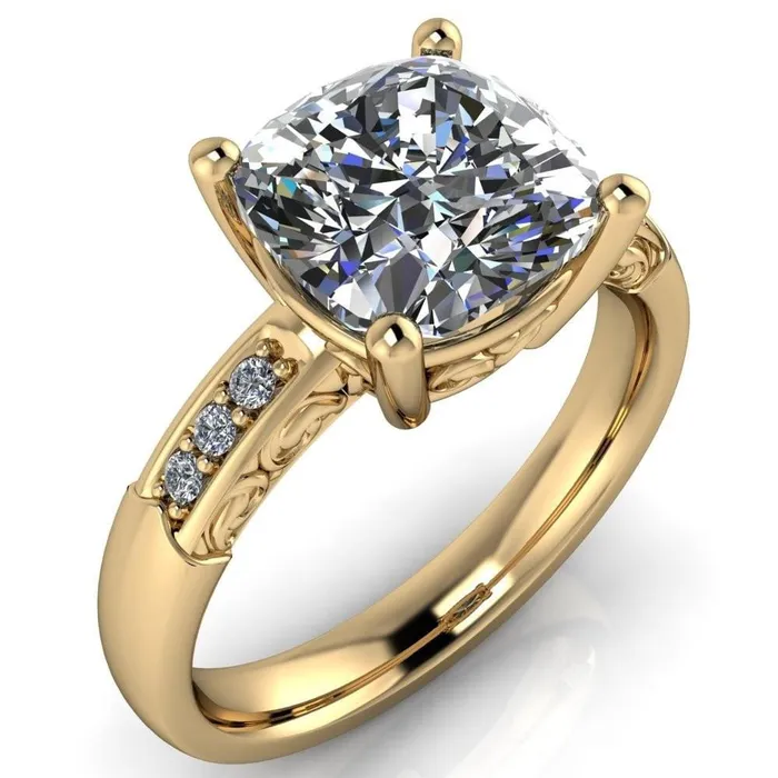 Rings Fire Brilliance Sheila Cushion Center Stone Diamond Channel Under Bezel 4 Prong Ring