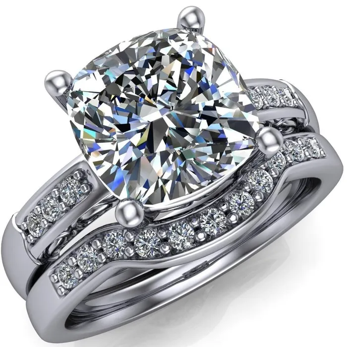 Rings Fire Brilliance Sheila Cushion Center Stone Diamond Channel Under Bezel 4 Prong Ring