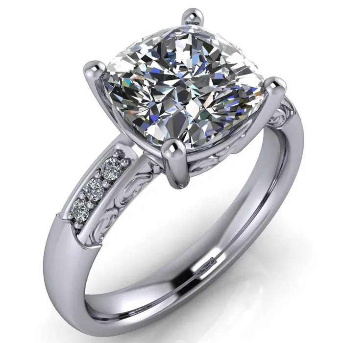 Rings Fire Brilliance Sheila Cushion Center Stone Diamond Channel Under Bezel 4 Prong Ring
