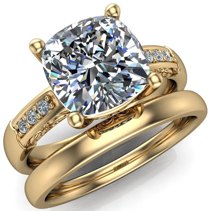 Rings Fire Brilliance Sheila Cushion Center Stone Diamond Channel Under Bezel 4 Prong Ring
