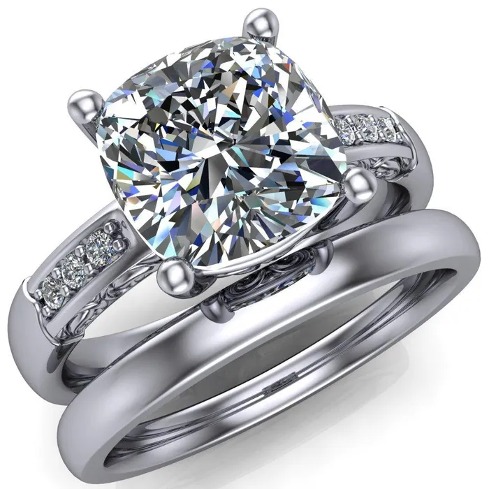 Rings Fire Brilliance Sheila Cushion Center Stone Diamond Channel Under Bezel 4 Prong Ring