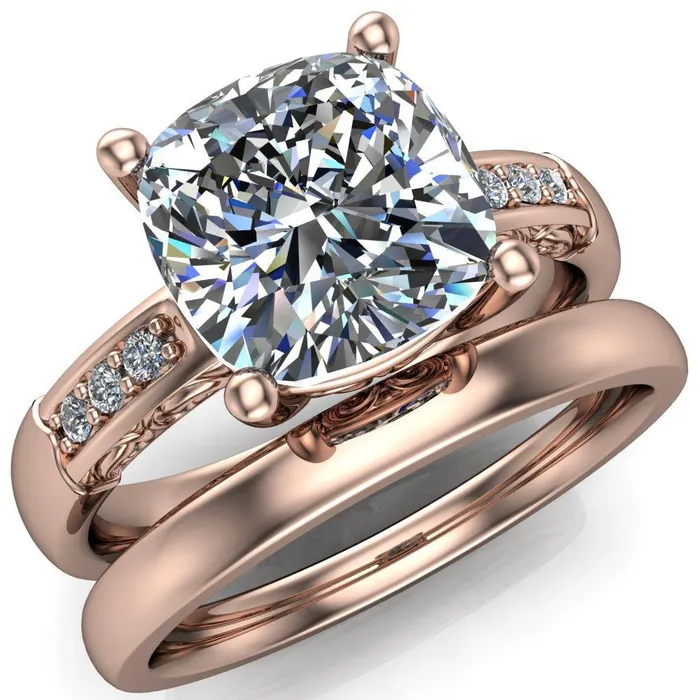 Rings Fire Brilliance Sheila Cushion Center Stone Diamond Channel Under Bezel 4 Prong Ring