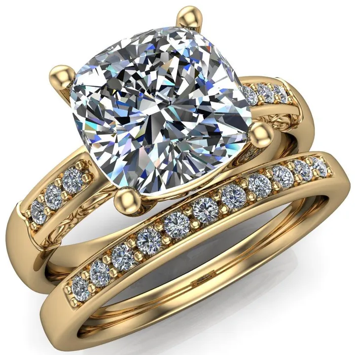 Rings Fire Brilliance Sheila Cushion Center Stone Diamond Channel Under Bezel 4 Prong Ring