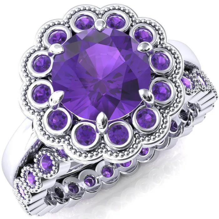 Rings Fire Brilliance Zinnia Round Amethyst 6 Prongs Milgrain Halo Accent Amethyst Ring Rings Fire Brilliance Zinnia Round Amethyst 6 Prongs Milgrain Halo Accent Amethyst Ring