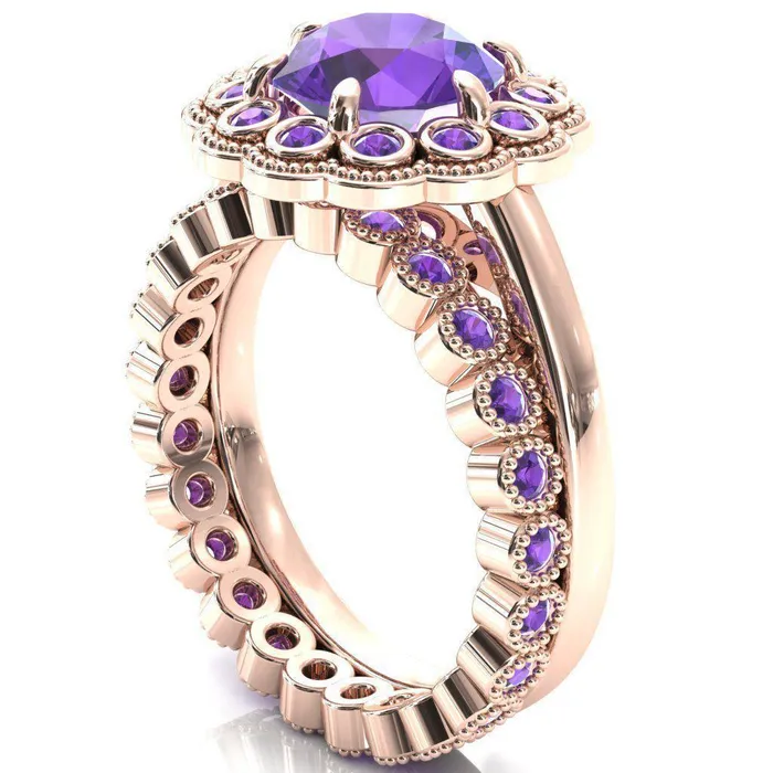 Rings Fire Brilliance Zinnia Round Amethyst 6 Prongs Milgrain Halo Accent Amethyst Ring