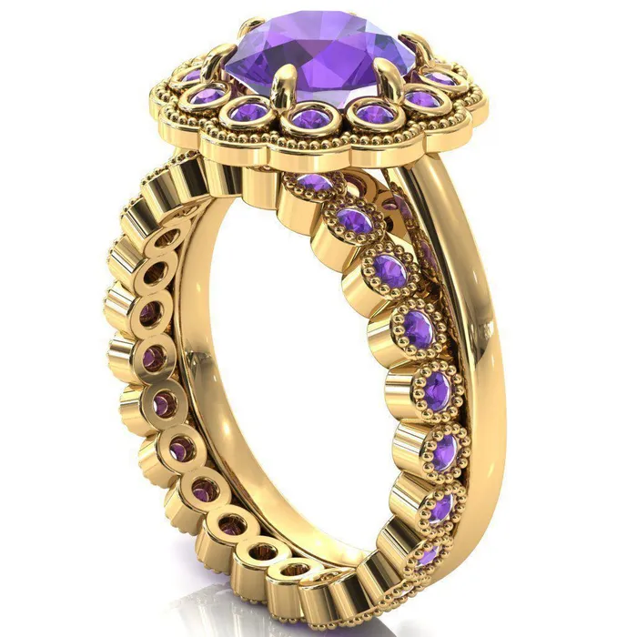 Rings Fire Brilliance Zinnia Round Amethyst 6 Prongs Milgrain Halo Accent Amethyst Ring