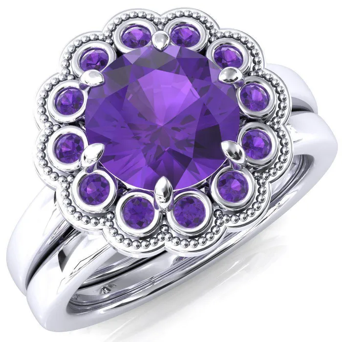 Rings Fire Brilliance Zinnia Round Amethyst 6 Prongs Milgrain Halo Accent Amethyst Ring