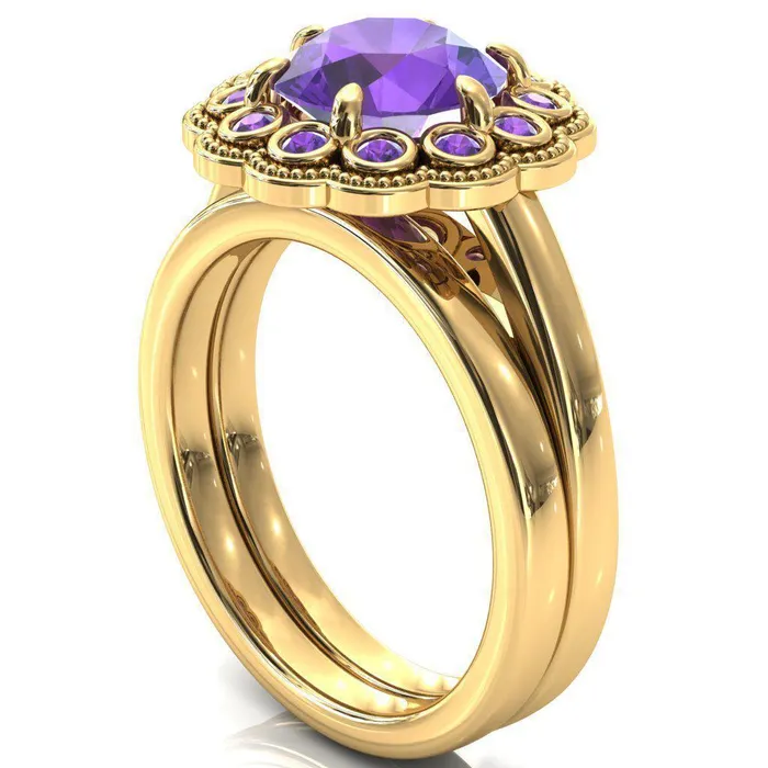 Rings Fire Brilliance Zinnia Round Amethyst 6 Prongs Milgrain Halo Accent Amethyst Ring