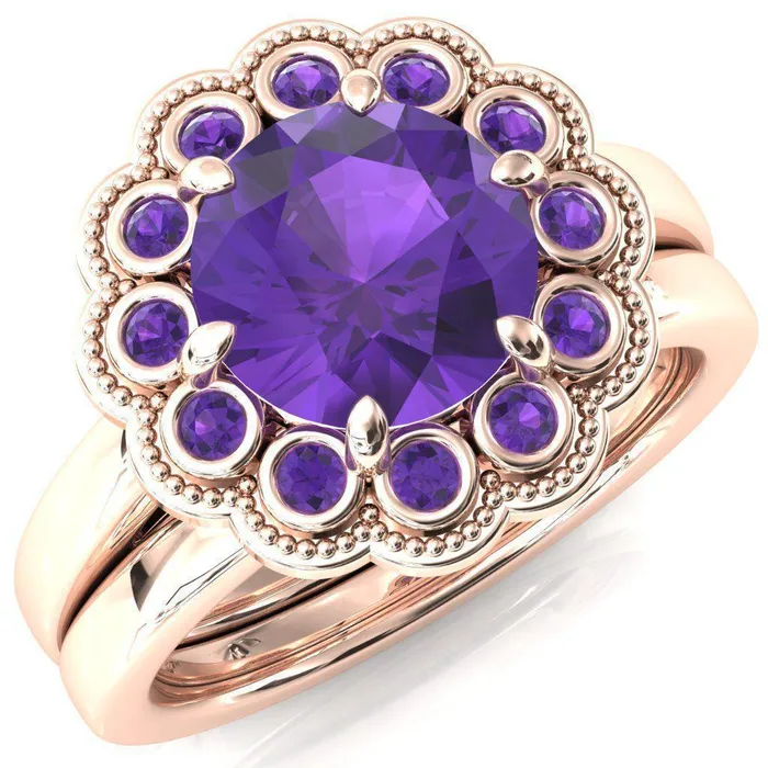 Rings Fire Brilliance Zinnia Round Amethyst 6 Prongs Milgrain Halo Accent Amethyst Ring