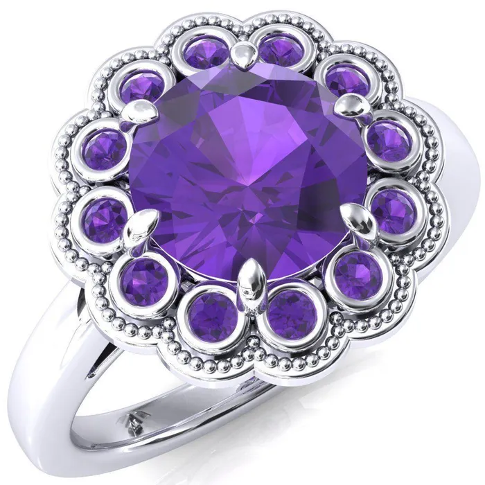 Rings Fire Brilliance Zinnia Round Amethyst 6 Prongs Milgrain Halo Accent Amethyst Ring