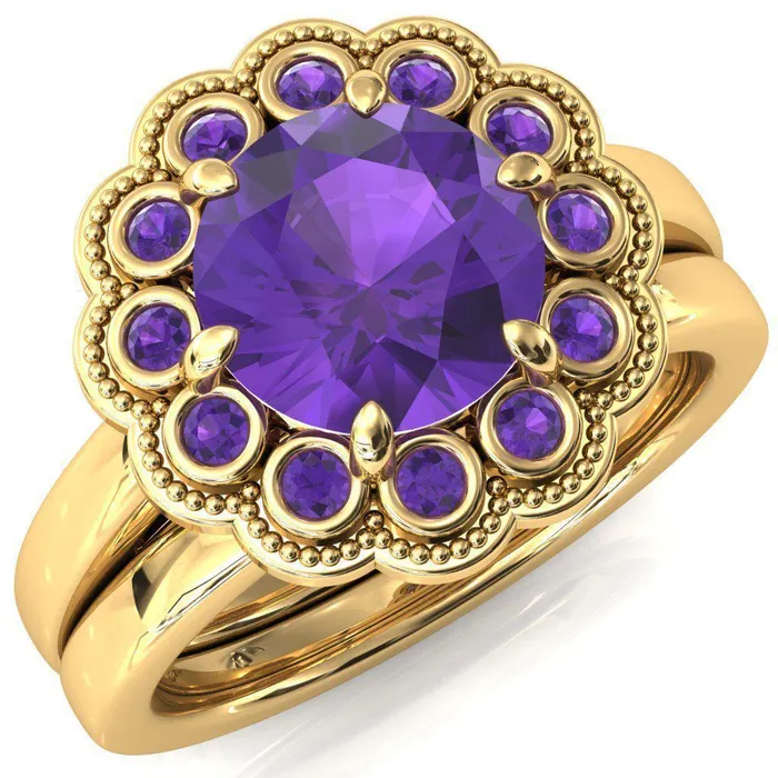 Rings Fire Brilliance Zinnia Round Amethyst 6 Prongs Milgrain Halo Accent Amethyst Ring