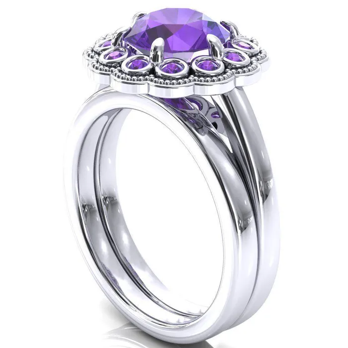Rings Fire Brilliance Zinnia Round Amethyst 6 Prongs Milgrain Halo Accent Amethyst Ring