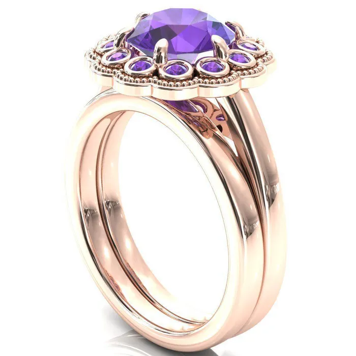 Rings Fire Brilliance Zinnia Round Amethyst 6 Prongs Milgrain Halo Accent Amethyst Ring