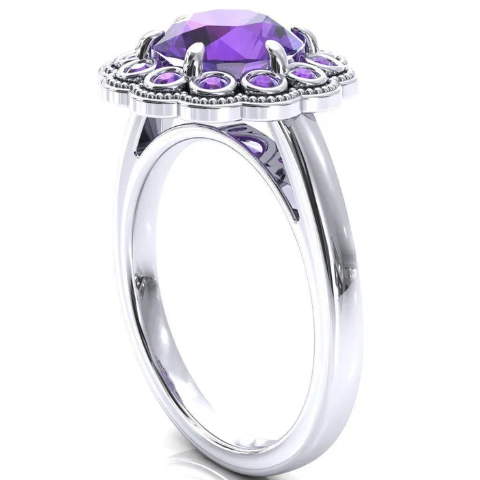Rings Fire Brilliance Zinnia Round Amethyst 6 Prongs Milgrain Halo Accent Amethyst Ring
