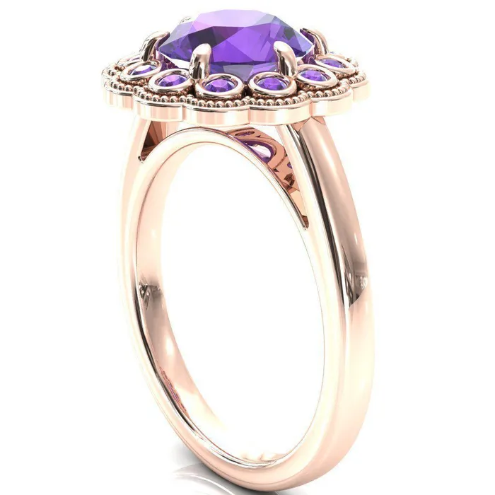 Rings Fire Brilliance Zinnia Round Amethyst 6 Prongs Milgrain Halo Accent Amethyst Ring