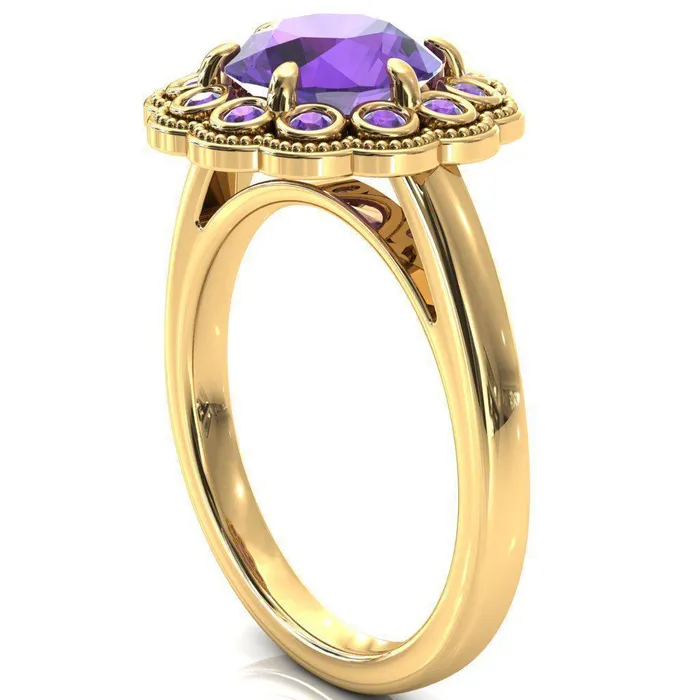 Rings Fire Brilliance Zinnia Round Amethyst 6 Prongs Milgrain Halo Accent Amethyst Ring