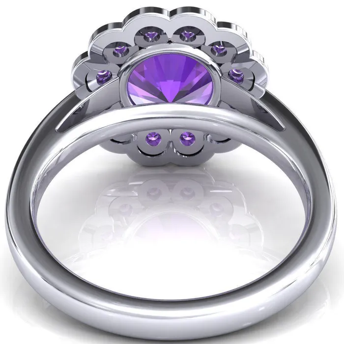 Rings Fire Brilliance Zinnia Round Amethyst 6 Prongs Milgrain Halo Accent Amethyst Ring