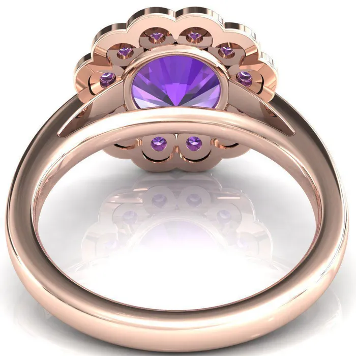Rings Fire Brilliance Zinnia Round Amethyst 6 Prongs Milgrain Halo Accent Amethyst Ring
