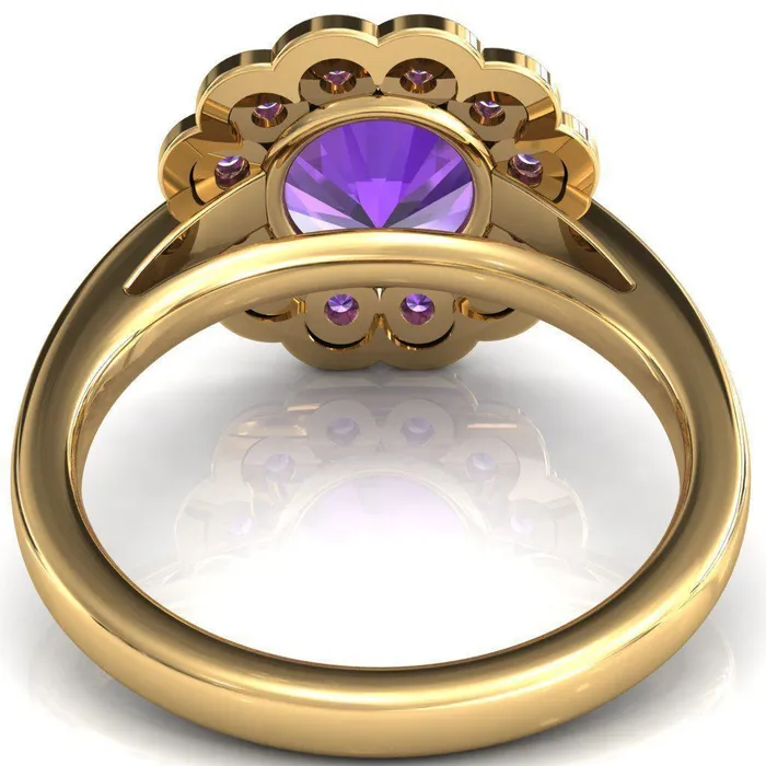 Rings Fire Brilliance Zinnia Round Amethyst 6 Prongs Milgrain Halo Accent Amethyst Ring