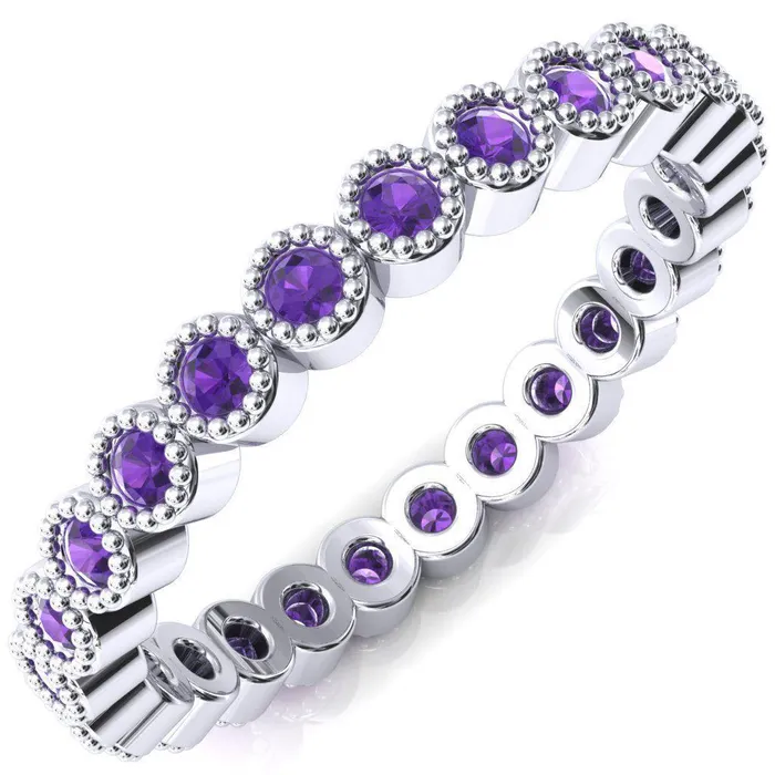 Rings Fire Brilliance Zinnia Round Amethyst 6 Prongs Milgrain Halo Accent Amethyst Ring