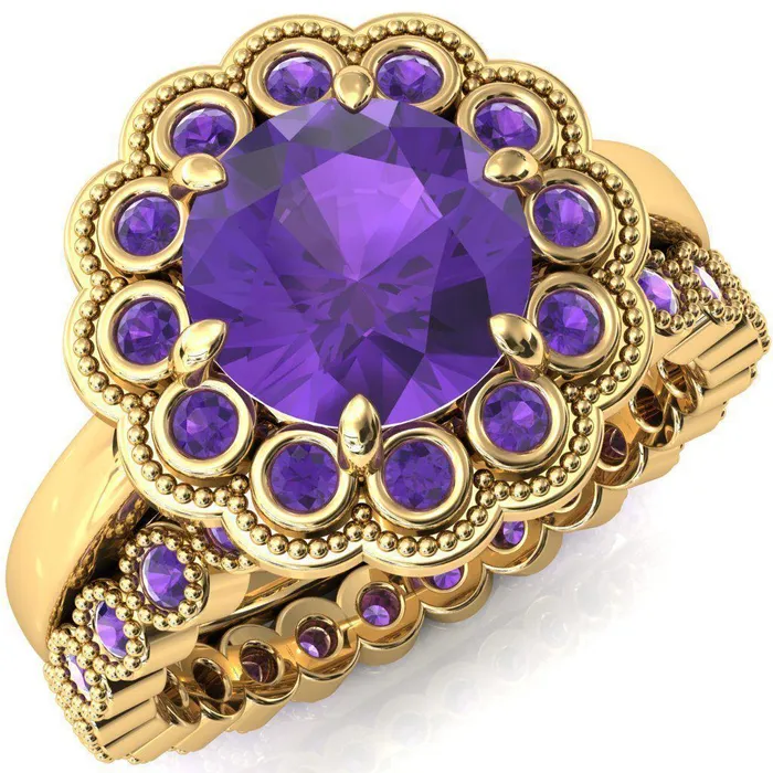 Rings Fire Brilliance Zinnia Round Amethyst 6 Prongs Milgrain Halo Accent Amethyst Ring