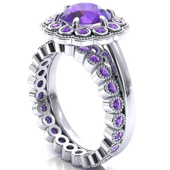 Rings Fire Brilliance Zinnia Round Amethyst 6 Prongs Milgrain Halo Accent Amethyst Ring