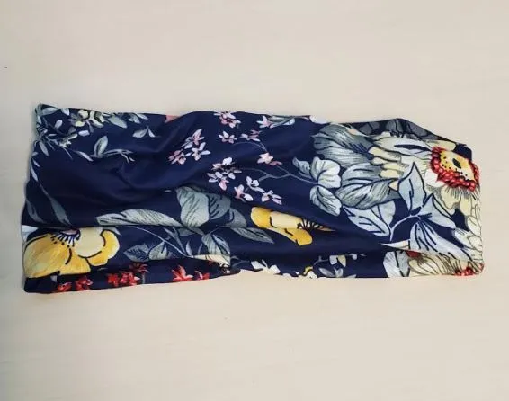 Rings H217 Navy Blue Floral Pattern Cross Knotted Head Band POLLY