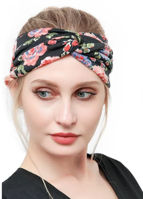 Rings H217 Navy Blue Floral Pattern Cross Knotted Head Band POLLY