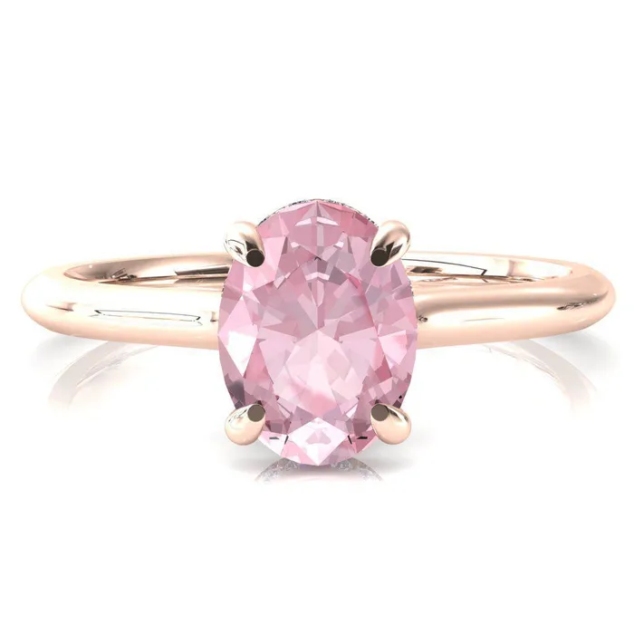 Rings Janey Oval Pink Sapphire 4 Prongs Claw Floating Halo Inverted Cathedral Ring Fire Brilliance 