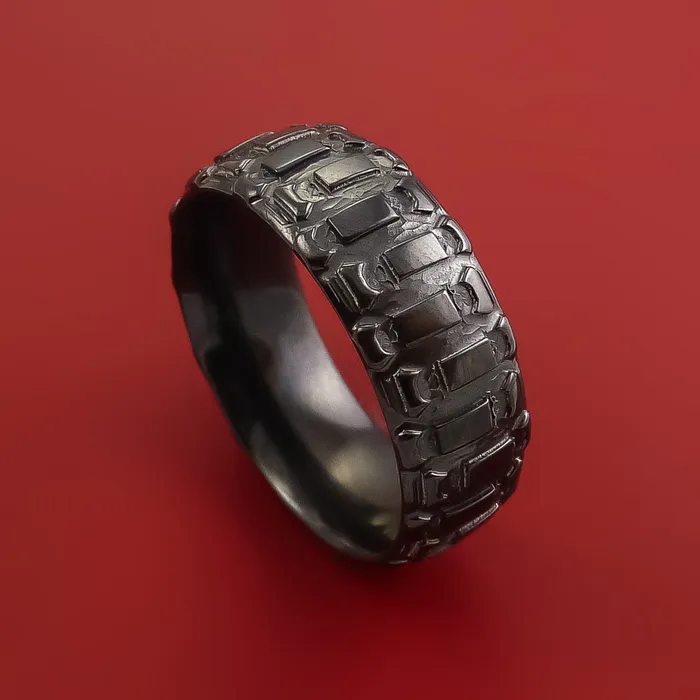 Rings Lashbrook Black Zirconium Ring with Dirt Bike Tire Tread Pattern Inlay Custom Made Band Rings Lashbrook Black Zirconium Ring with Dirt Bike Tire Tread Pattern Inlay Custom Made Band