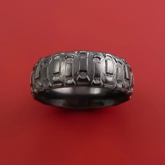 Rings Lashbrook Black Zirconium Ring with Dirt Bike Tire Tread Pattern Inlay Custom Made Band Rings Lashbrook Black Zirconium Ring with Dirt Bike Tire Tread Pattern Inlay Custom Made Band