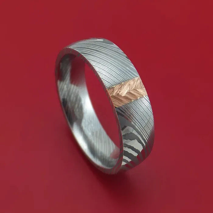 Rings Lashbrook Damascus Steel and Gold Ring with Feather Texture Custom Made Band Rings Lashbrook Damascus Steel and Gold Ring with Feather Texture Custom Made Band