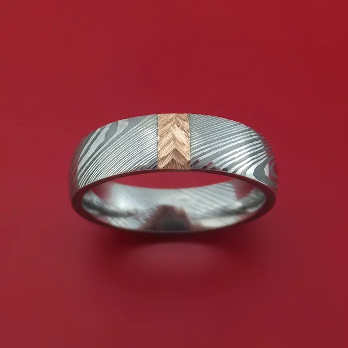 Rings Lashbrook Damascus Steel and Gold Ring with Feather Texture Custom Made Band Rings Lashbrook Damascus Steel and Gold Ring with Feather Texture Custom Made Band