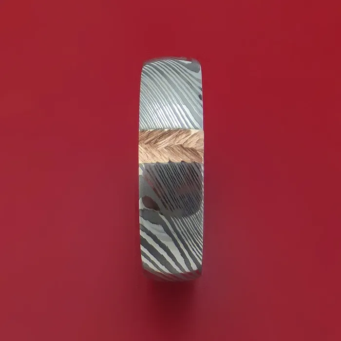 Rings Lashbrook Damascus Steel and Gold Ring with Feather Texture Custom Made Band Rings Lashbrook Damascus Steel and Gold Ring with Feather Texture Custom Made Band
