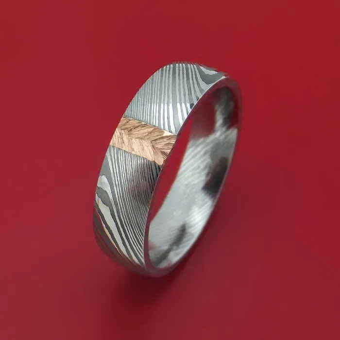 Rings Lashbrook Damascus Steel and Gold Ring with Feather Texture Custom Made Band Rings Lashbrook Damascus Steel and Gold Ring with Feather Texture Custom Made Band