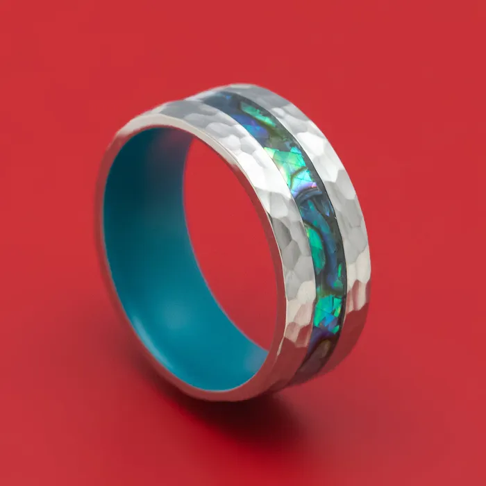 Rings Lashbrook Titanium Ring with Abalone Inlay and Cerakote Sleeve Custom Made Band Rings Lashbrook Titanium Ring with Abalone Inlay and Cerakote Sleeve Custom Made Band